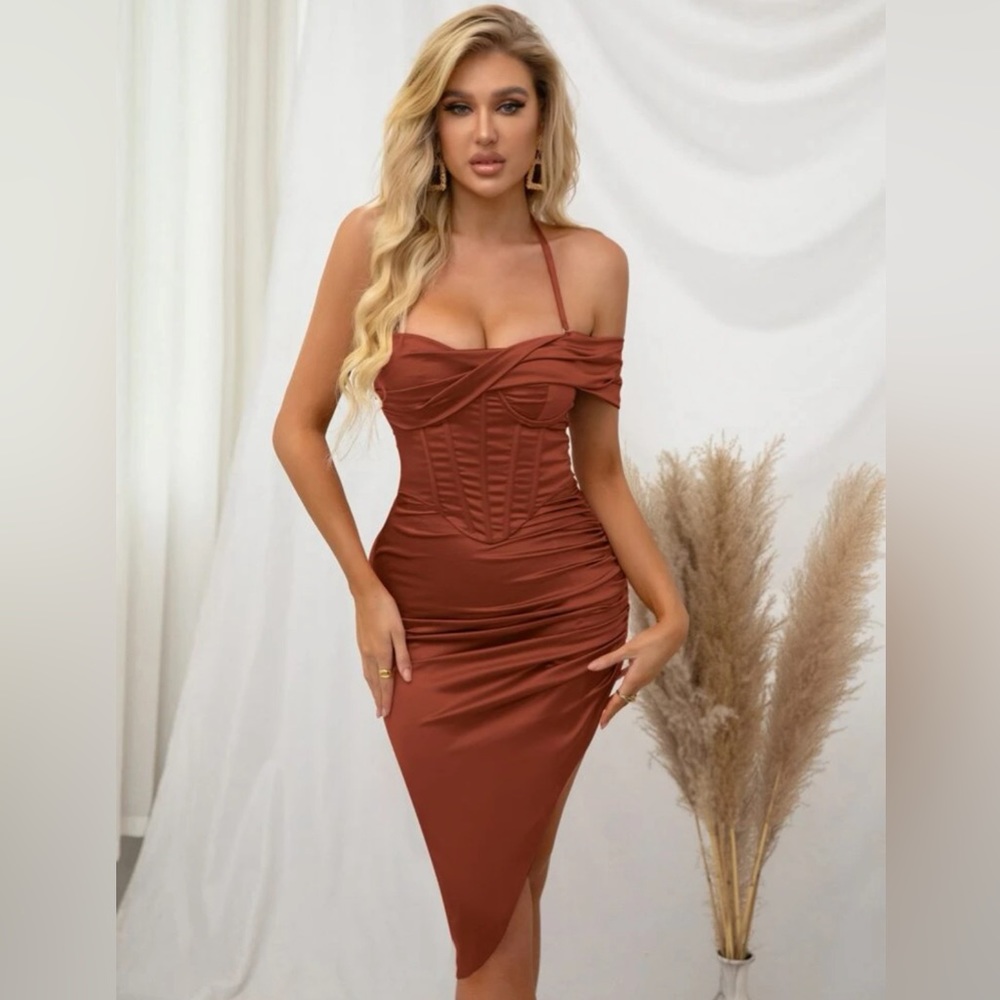 PARTHEA Fold Pleated Split Thigh Satin Halter Party Dress